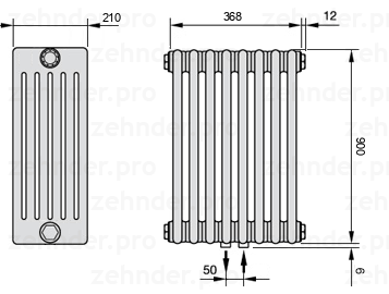 Схема (чертеж) Радиатор Zehnder Charleston 6090/8 №5410 Белый глянцевый RAL 9016